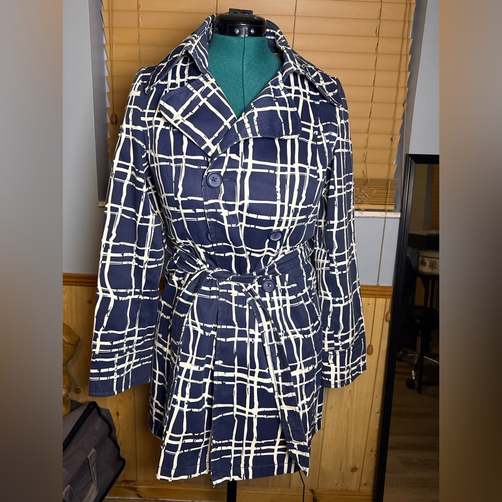 Merona Navy and White Plaid Trench Coat